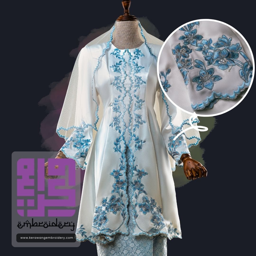 Baju Nikah Kurung Moden Kebaya Princess Cut Corak Sulam Orkid