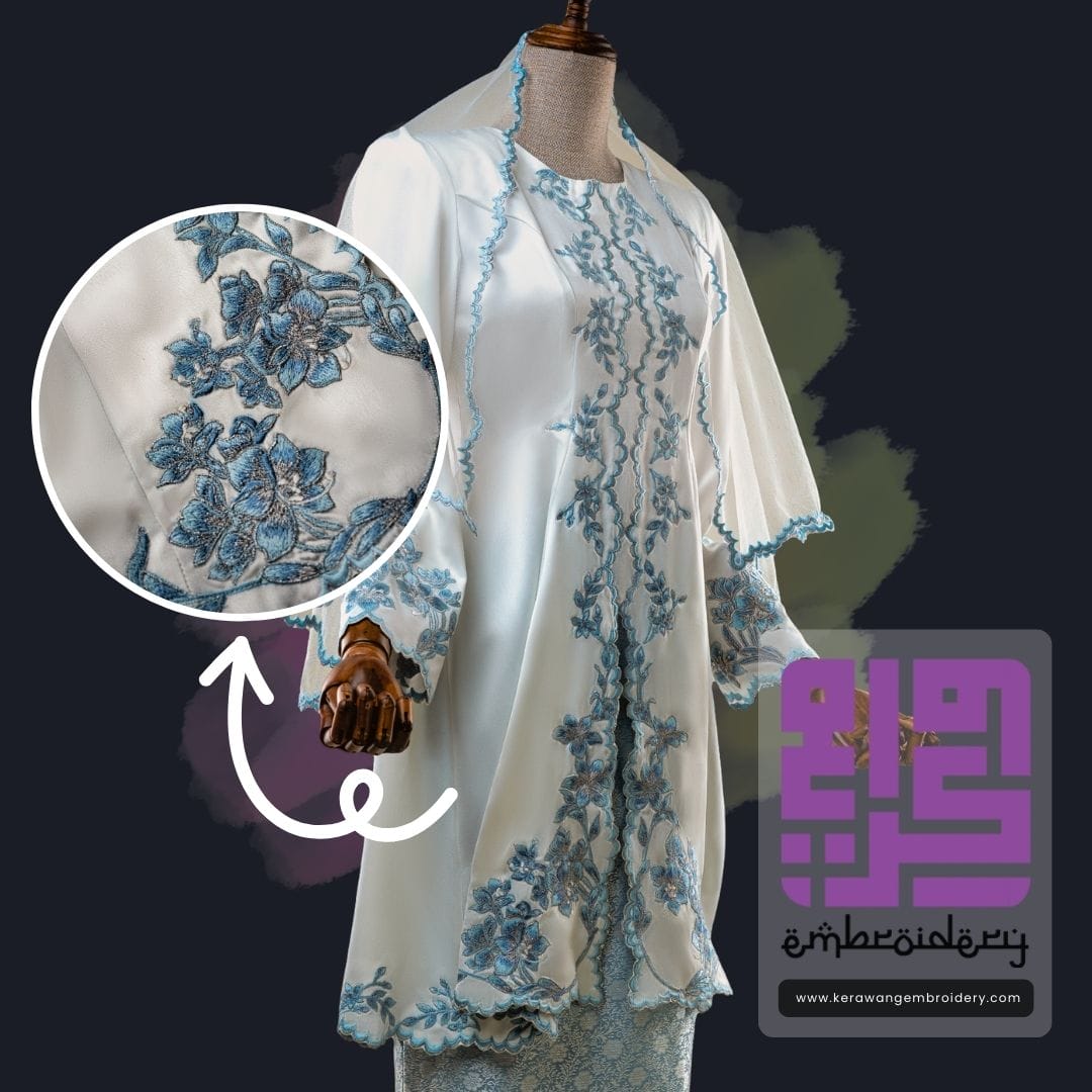 Baju Nikah Kurung Moden Kebaya Princess Cut Corak Sulam Orkid