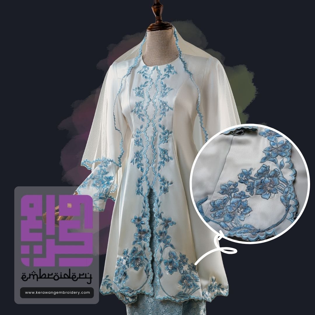 Baju Nikah Kurung Moden Kebaya Princess Cut Corak Sulam Orkid