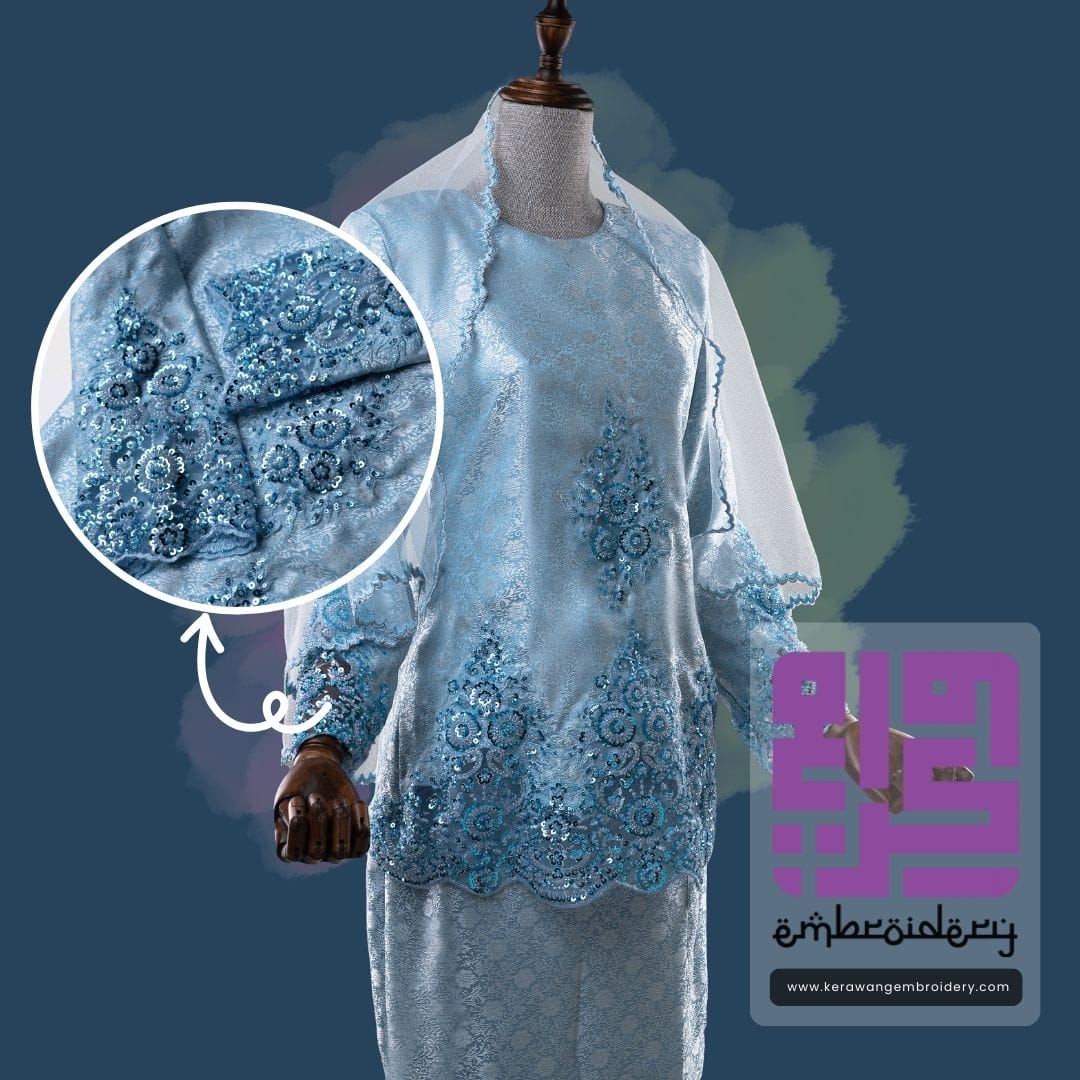 Baju Pengantin Kurung Kedah Sulam Lace Corak Daisy