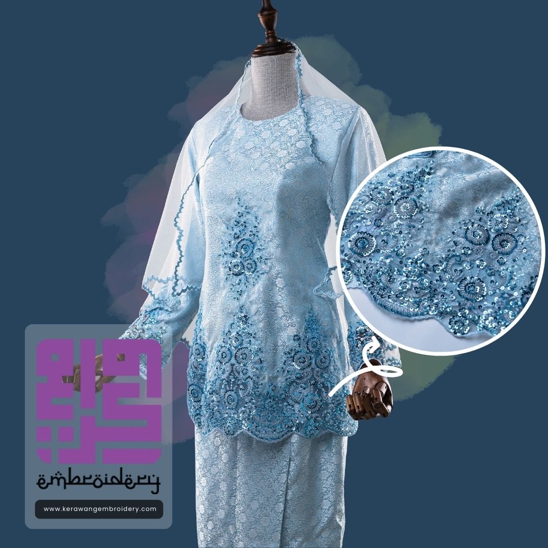 Baju Pengantin Kurung Kedah Sulam Lace Corak Daisy