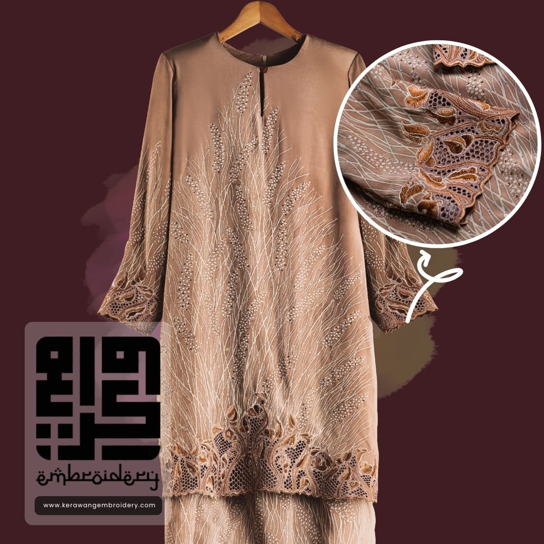 Pesona Baju Kurung Moden Bersulam Bunga Lily Dengan Kerawang Lebah