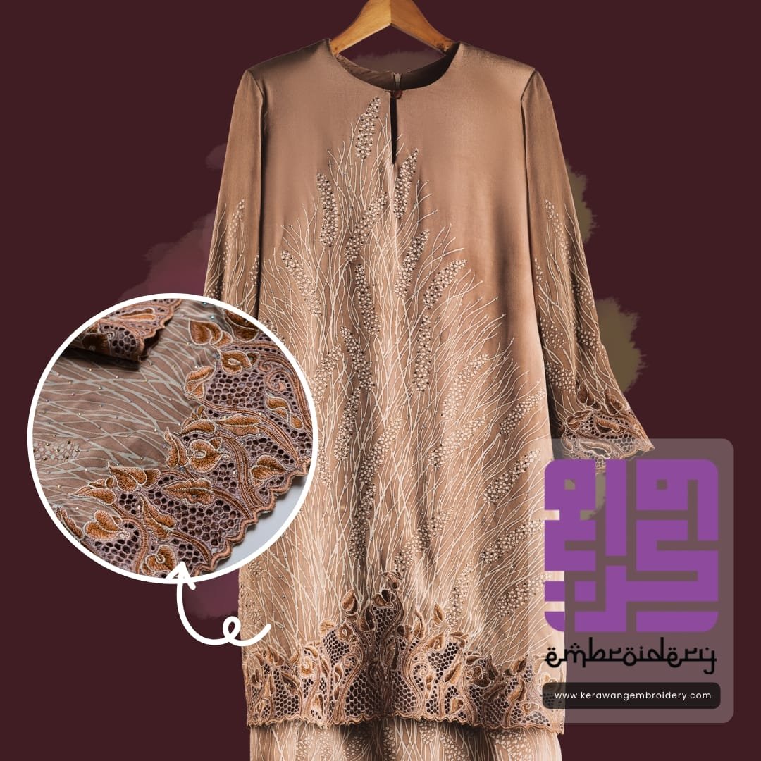 Pesona Baju Kurung Moden Bersulam Bunga Lily Dengan Kerawang Lebah