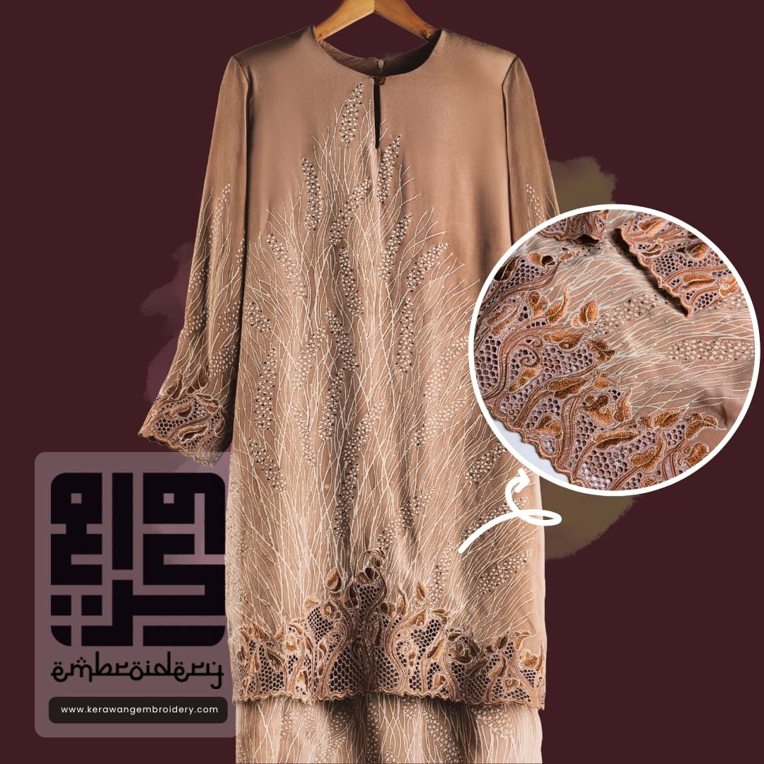 Pesona Baju Kurung Moden Bersulam Bunga Lily Dengan Kerawang Lebah