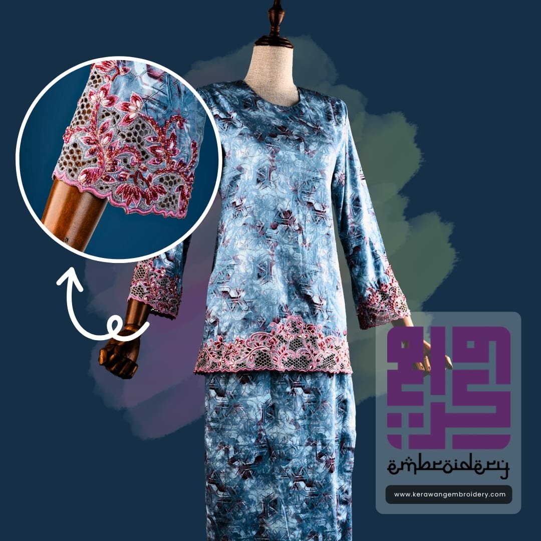 Tempahan Sulam Kurung Kedah Moden Motif Bunga Senduduk 11