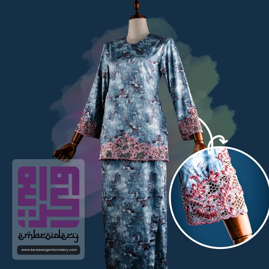 Tempahan Sulam Kurung Kedah Moden Motif Bunga Senduduk 12